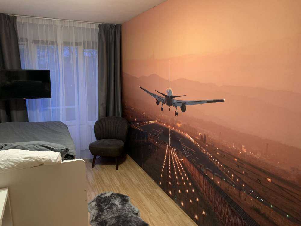 Avion à l'atterrissage dans le soleil du soir