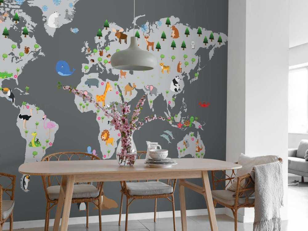 Carte du monde pour les enfants avec fond gris