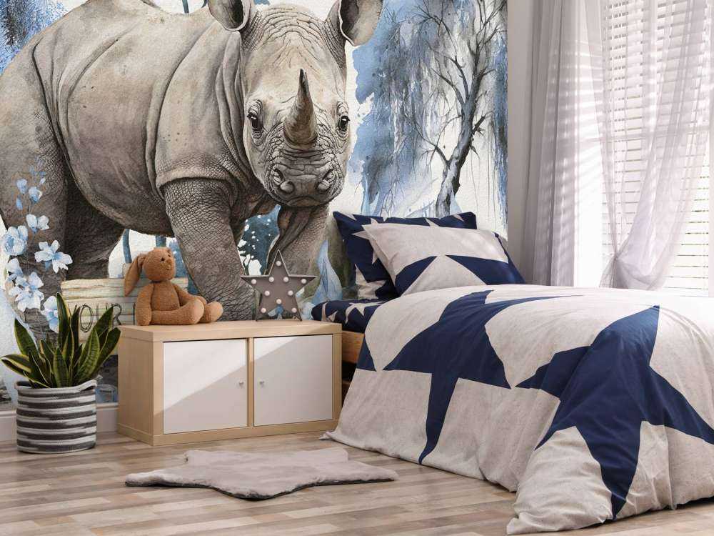 Bébé rhino dans la savane bleu