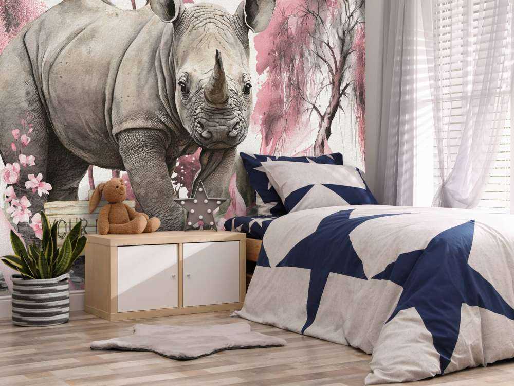 Bébé rhino dans la savane rose