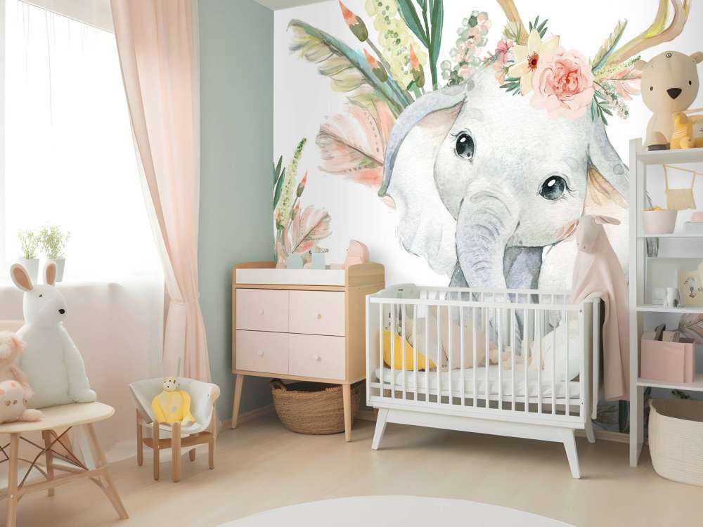 Bébé éléphant fleurs roses,