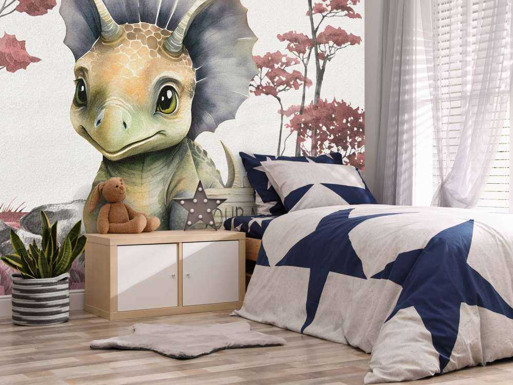 Bébé tricératops dans la jungle rose