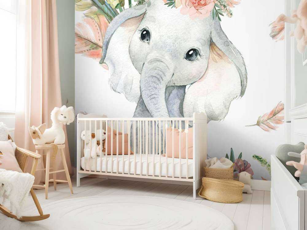 Bébé éléphant fleurs roses,