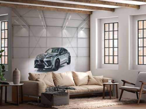 Lamborghini dans le hall blanc