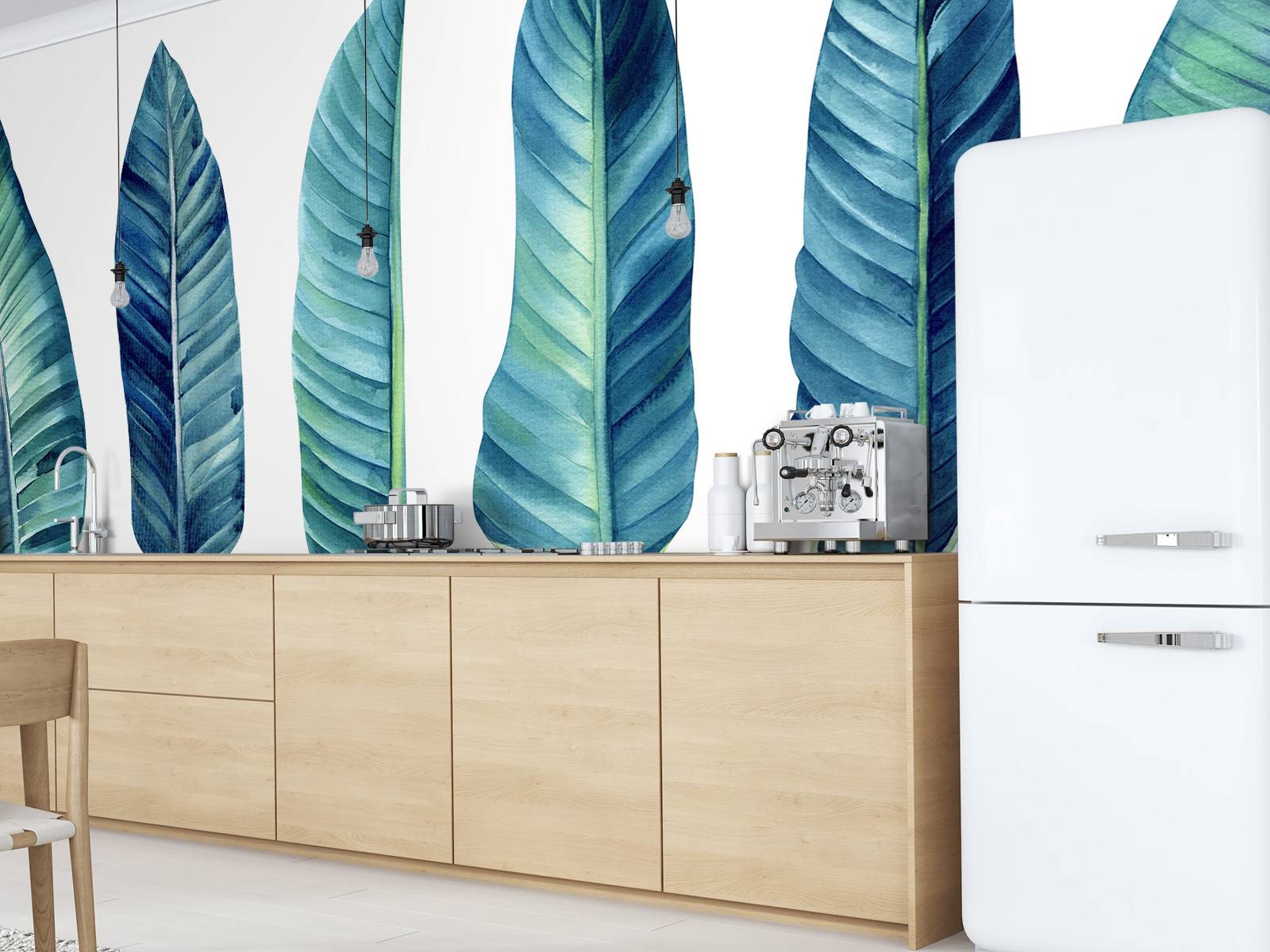 Feuilles tropicales bleu canard sur fond blanc