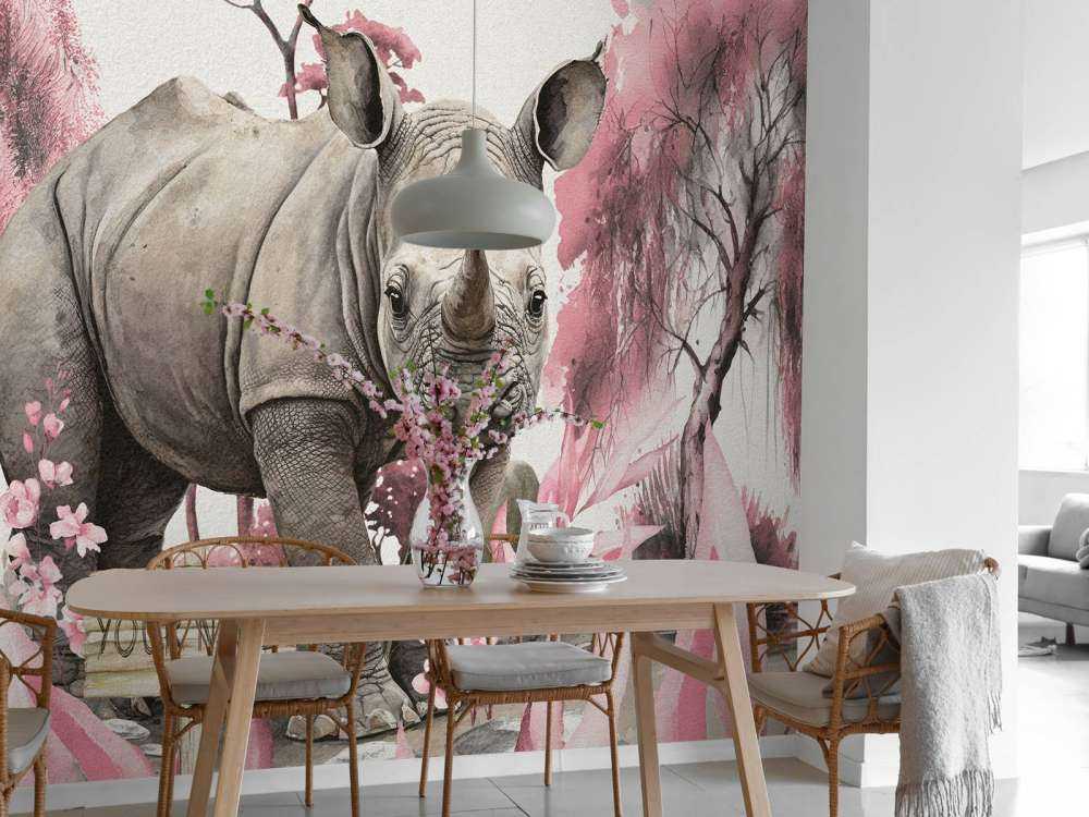 Bébé rhino dans la savane rose