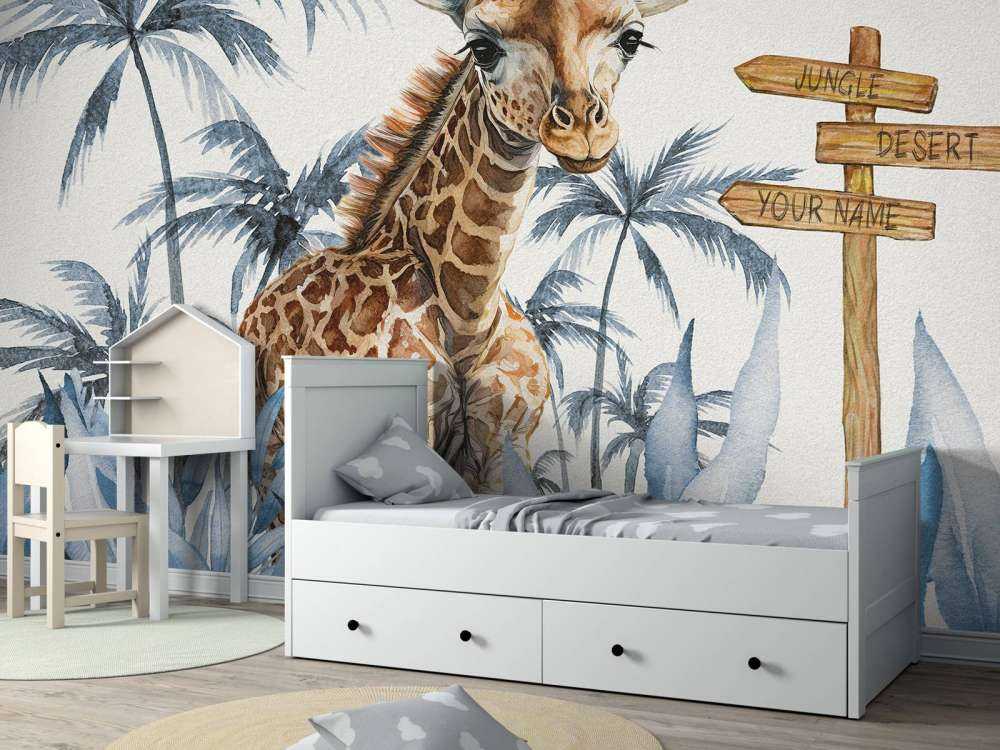 Bébé girafe dans la jungle bleue
