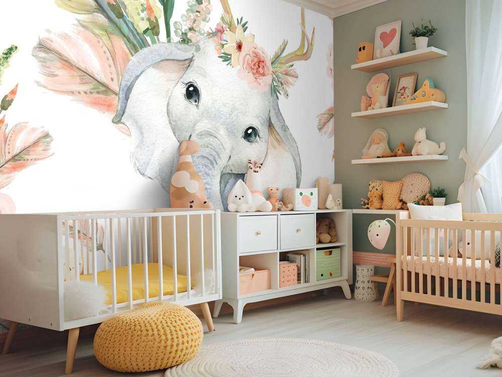 Bébé éléphant fleurs roses,
