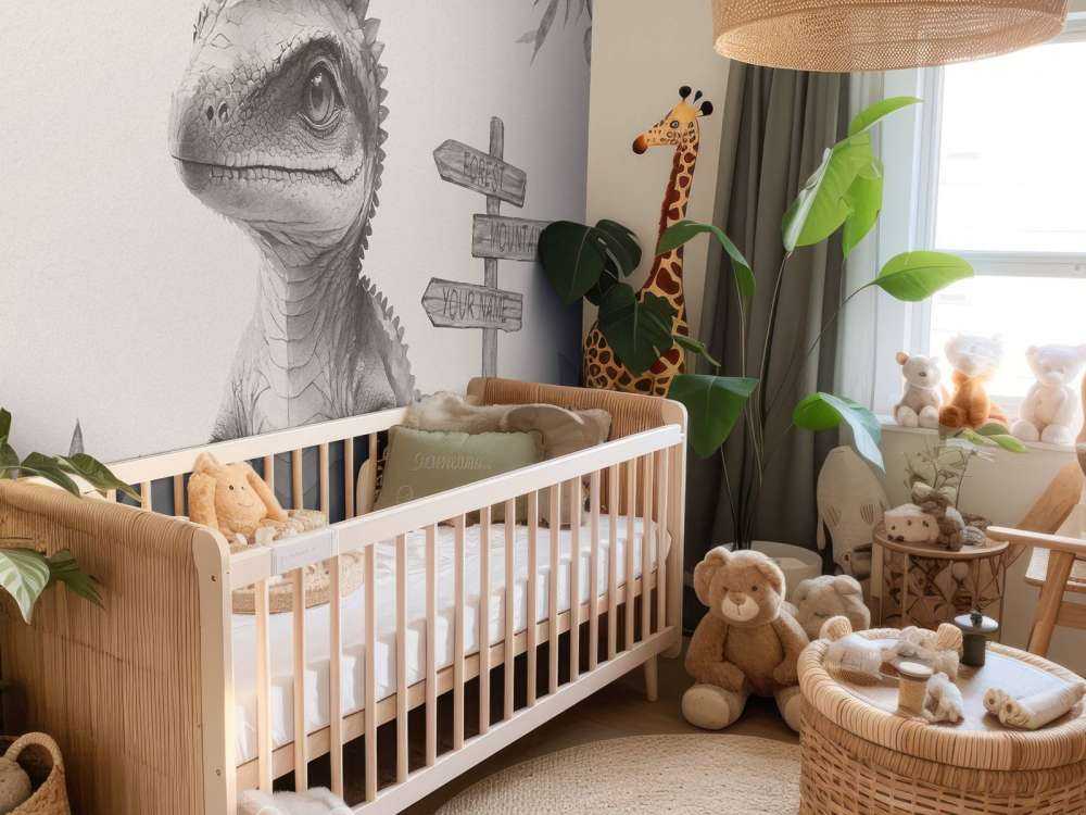 Bébé spinosaure dans la jungle beige