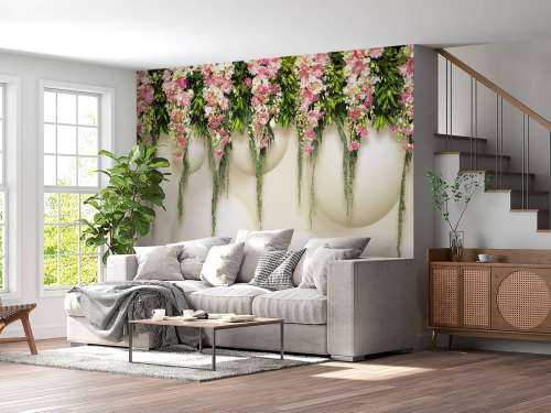 Fleurs roses suspendues sur un mur en 3D