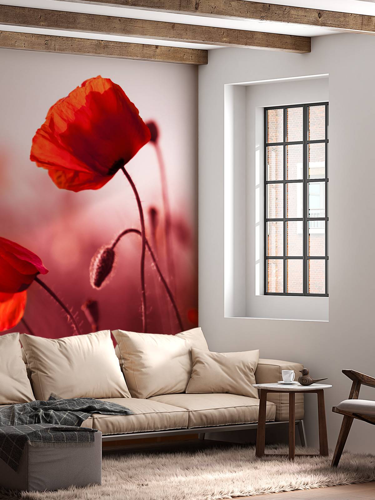 Papier Peint Photo Premium Non Tissé - Motif Coquelicots Lumineux Sur Fond Blanc - Marque Wallario