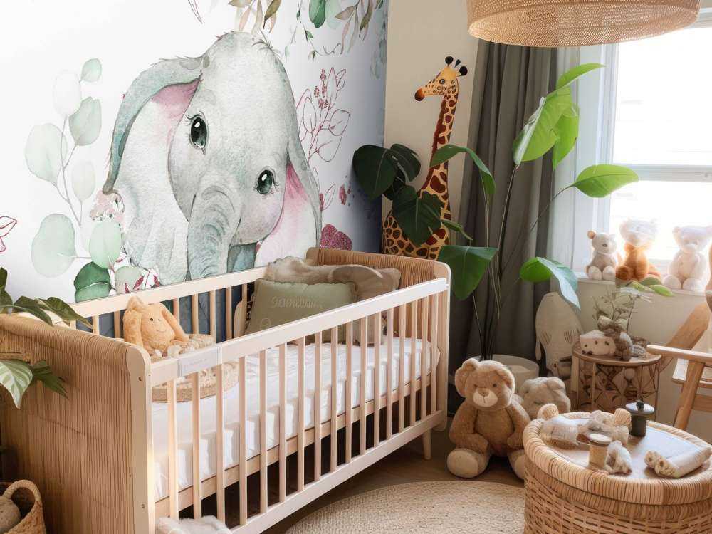 Bébé éléphant feuillage menthe et rose