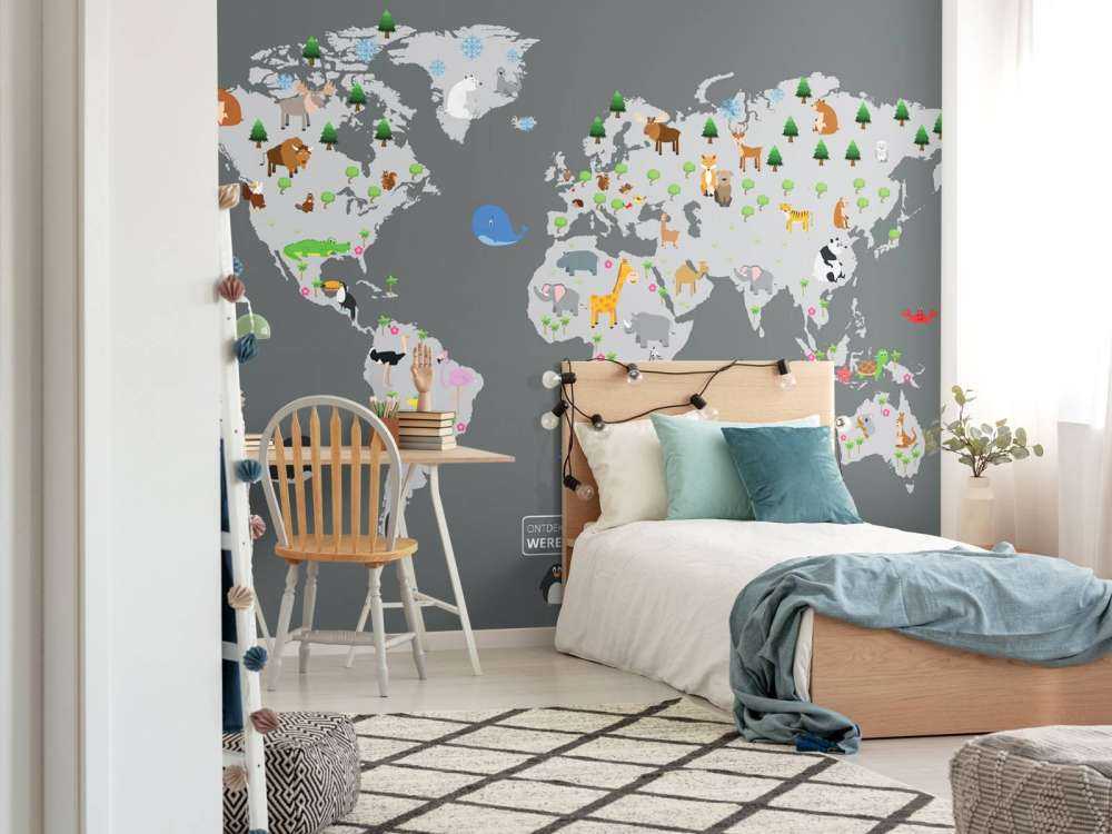 Carte du monde pour les enfants avec fond gris