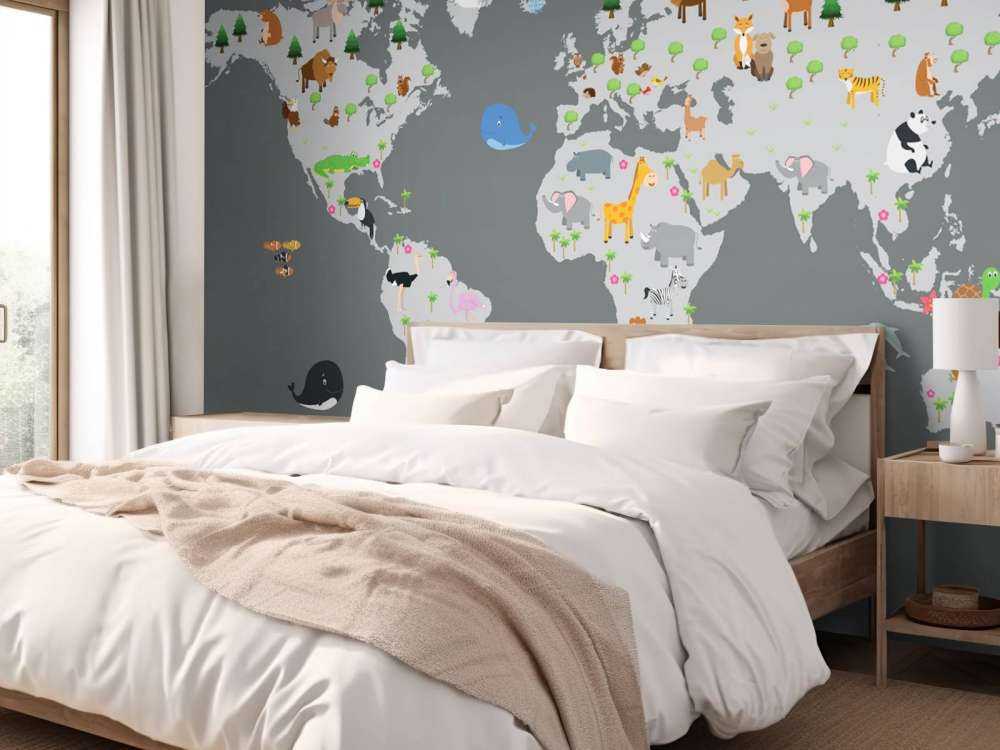 Carte du monde pour les enfants avec fond gris