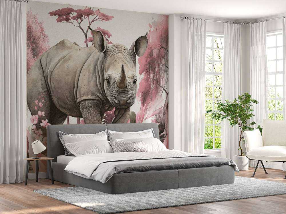 Bébé rhino dans la savane rose