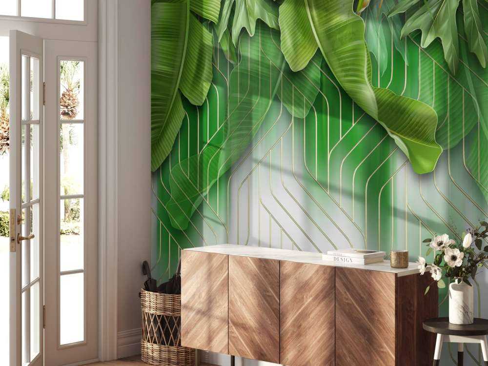 Effet de lignes dorées avec des feuilles vertes