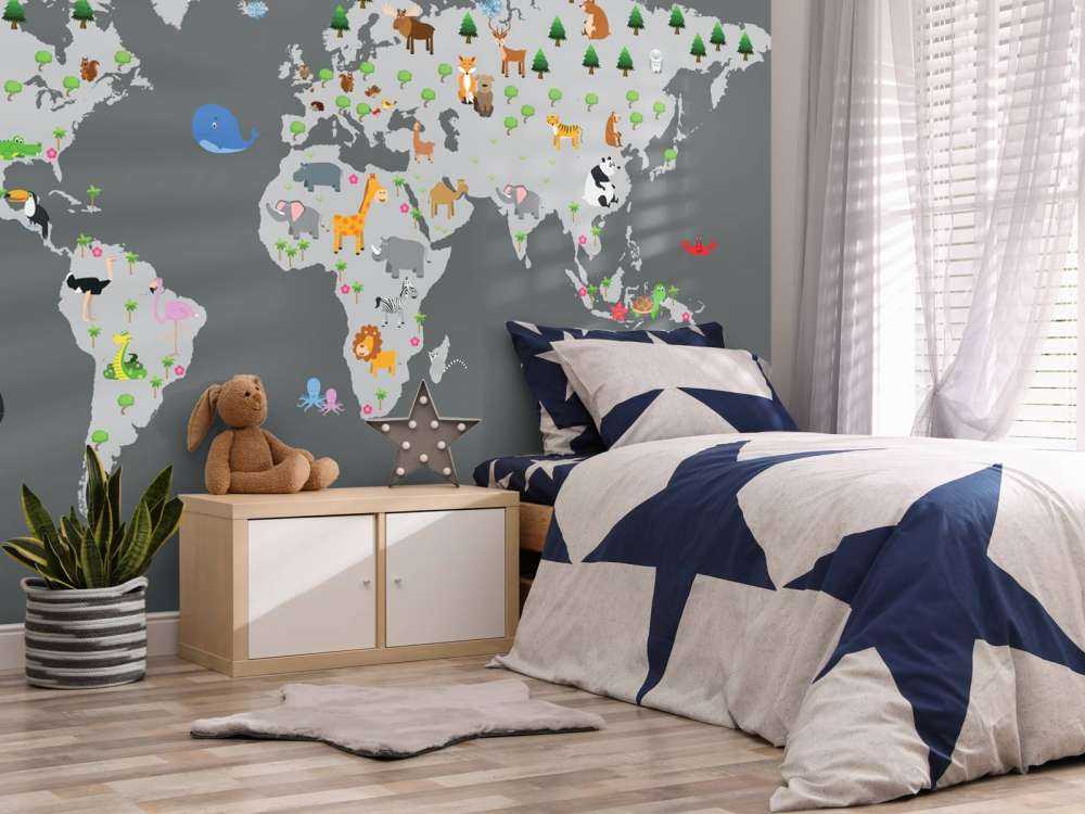 Carte du monde pour les enfants avec fond gris