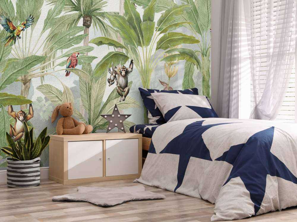 Jungle avec singes et perroquets en couleur