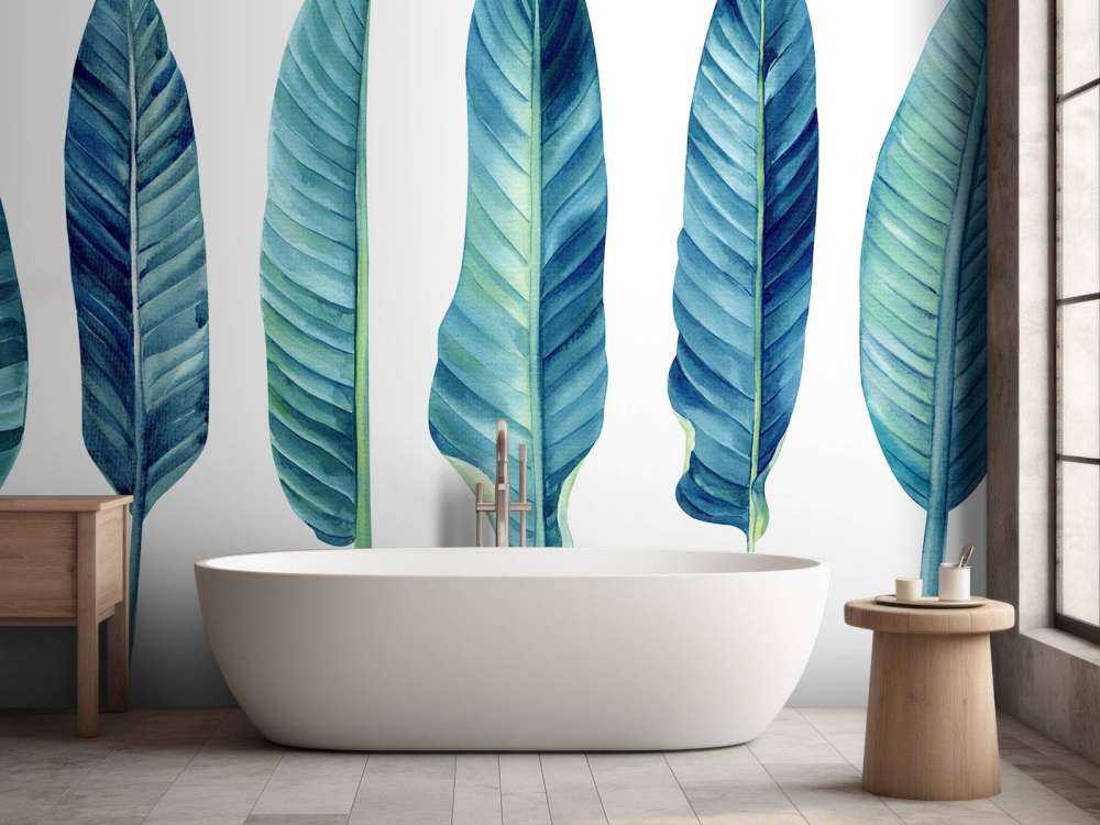 Feuilles tropicales bleu canard sur fond blanc
