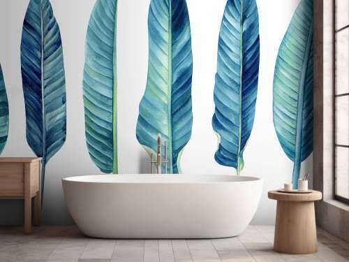Feuilles tropicales bleu canard sur fond blanc