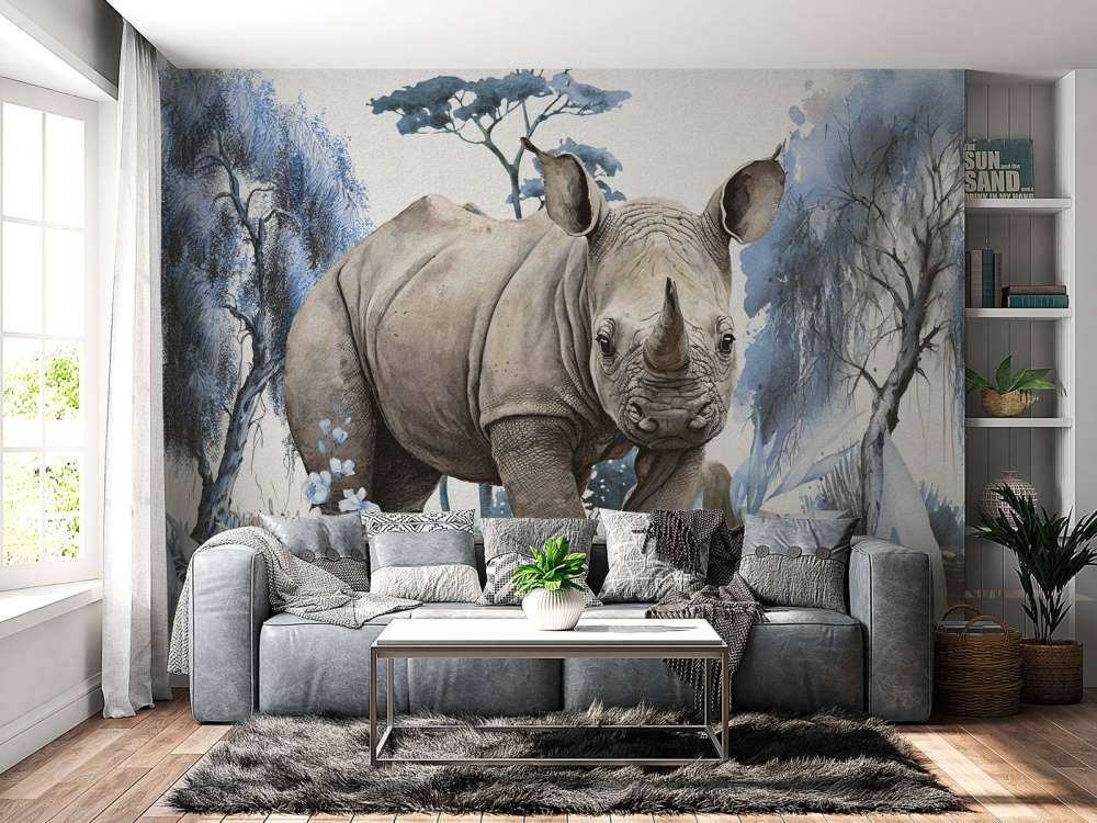 Bébé rhino dans la savane bleu