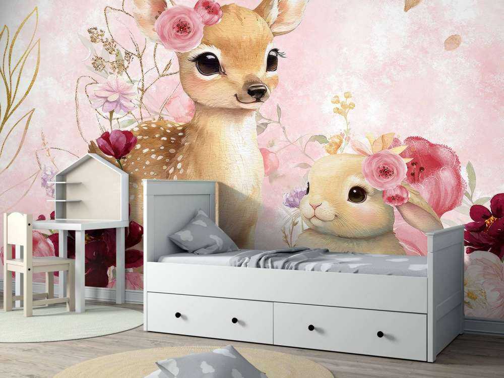 Hertje et lapin dans la splendeur des fleurs