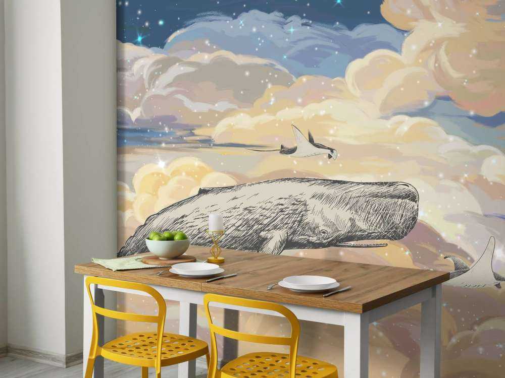 Baleine nageant à travers les nuages