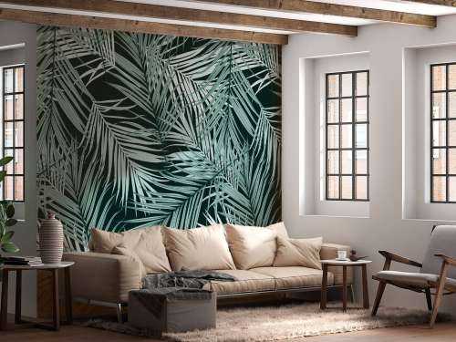 Feuilles tropicales bleu canard sur fond noir