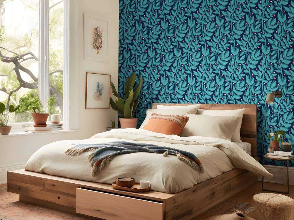 Motif petites branches bleu canard