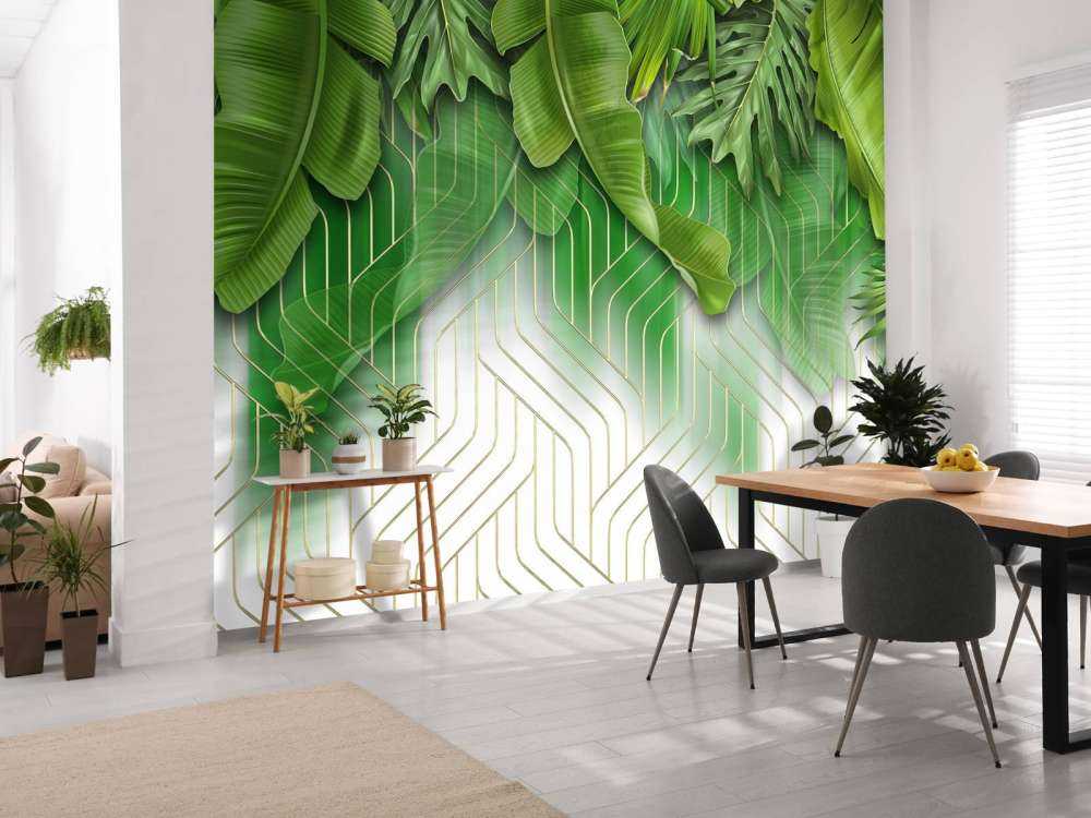 Effet de lignes dorées avec des feuilles vertes
