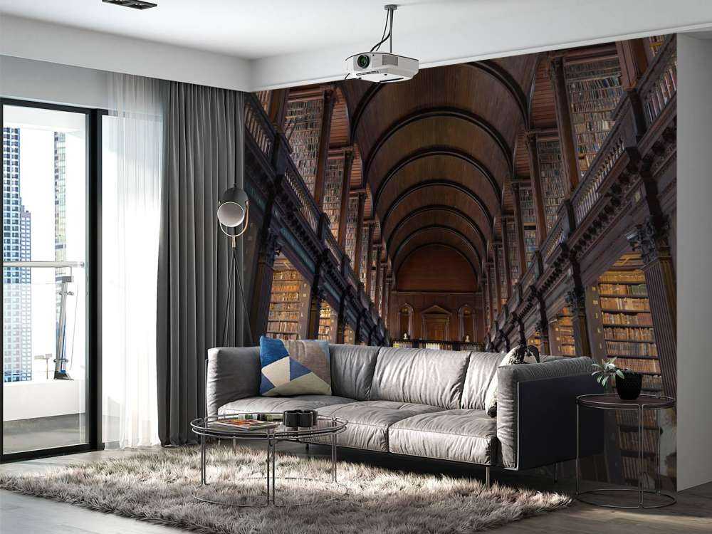 Salle de livres classiques avec des arcs