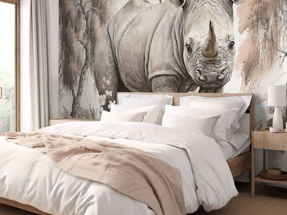 Bébé rhino dans la savane taupe