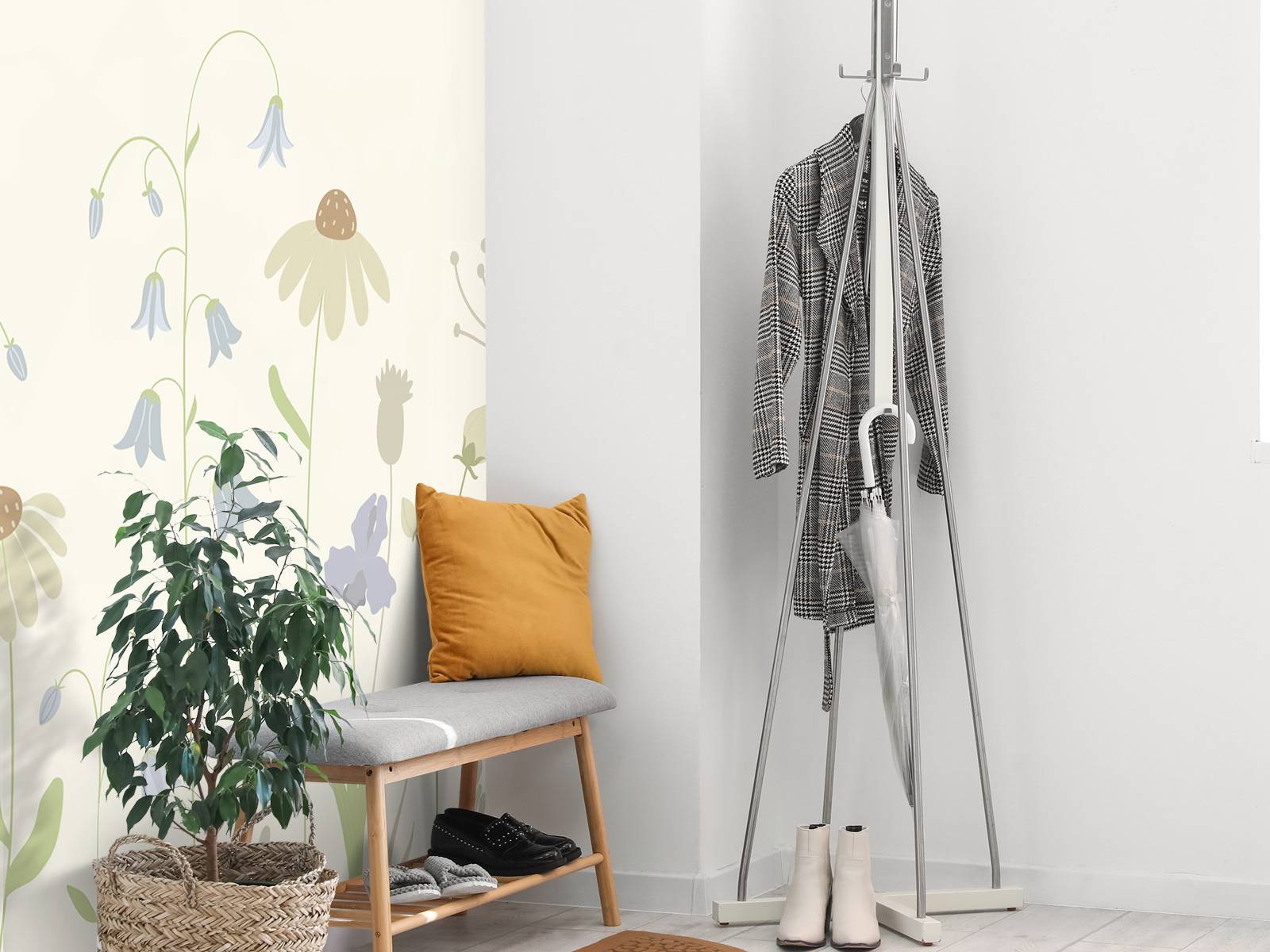 Champ de fleurs en hauteur beige, vieux rose, vert et lilas