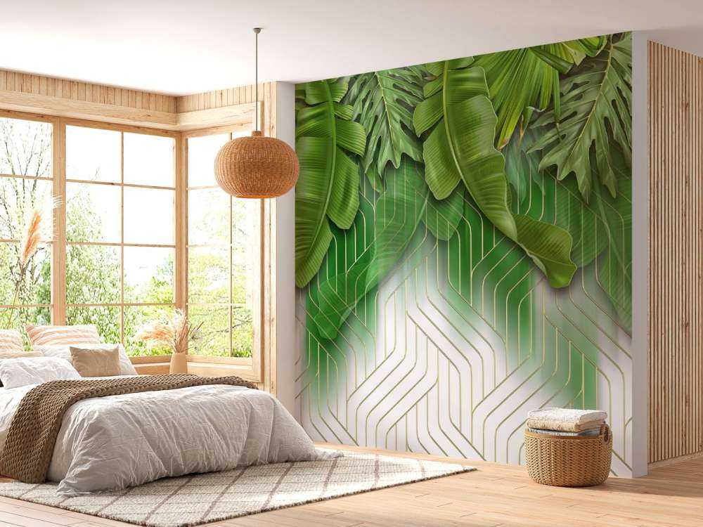Effet de lignes dorées avec des feuilles vertes