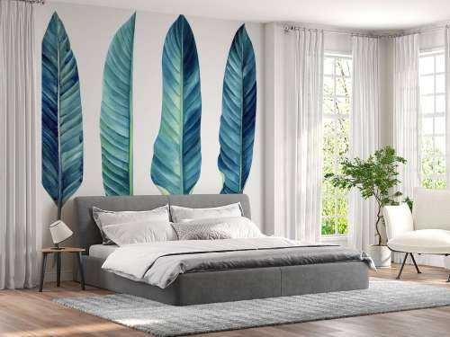 Feuilles tropicales bleu canard sur fond blanc