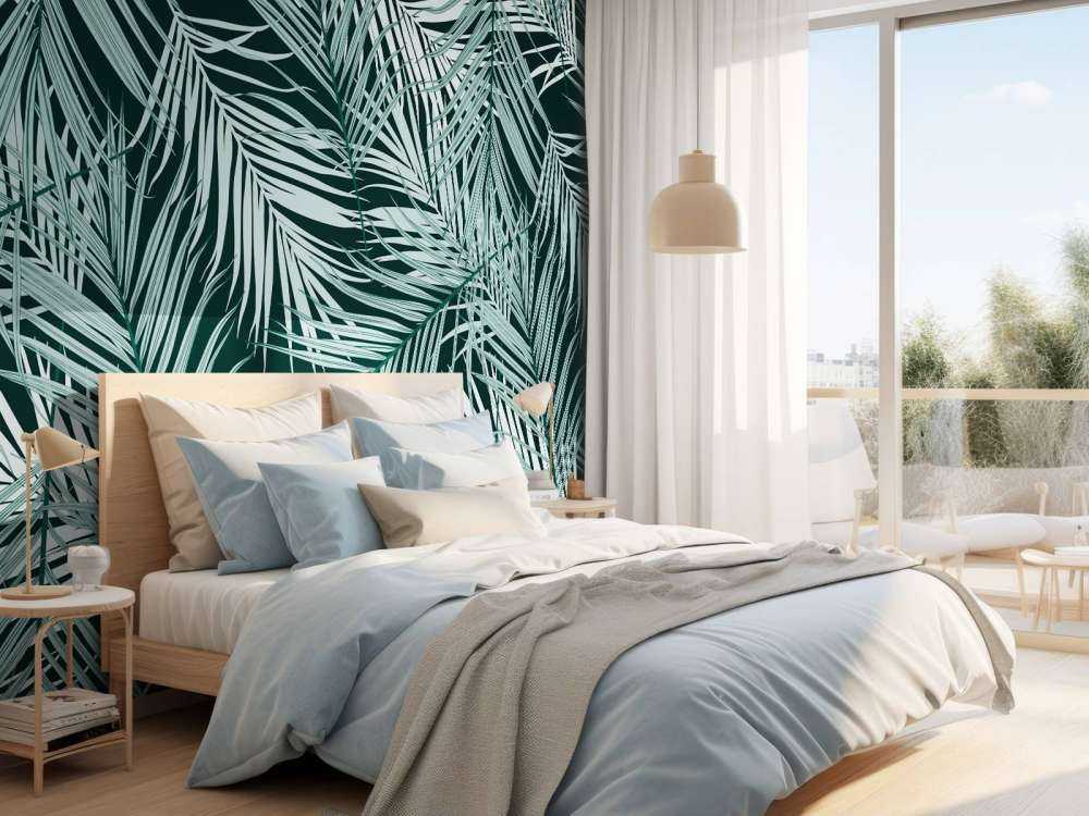 Feuilles tropicales bleu canard sur fond noir