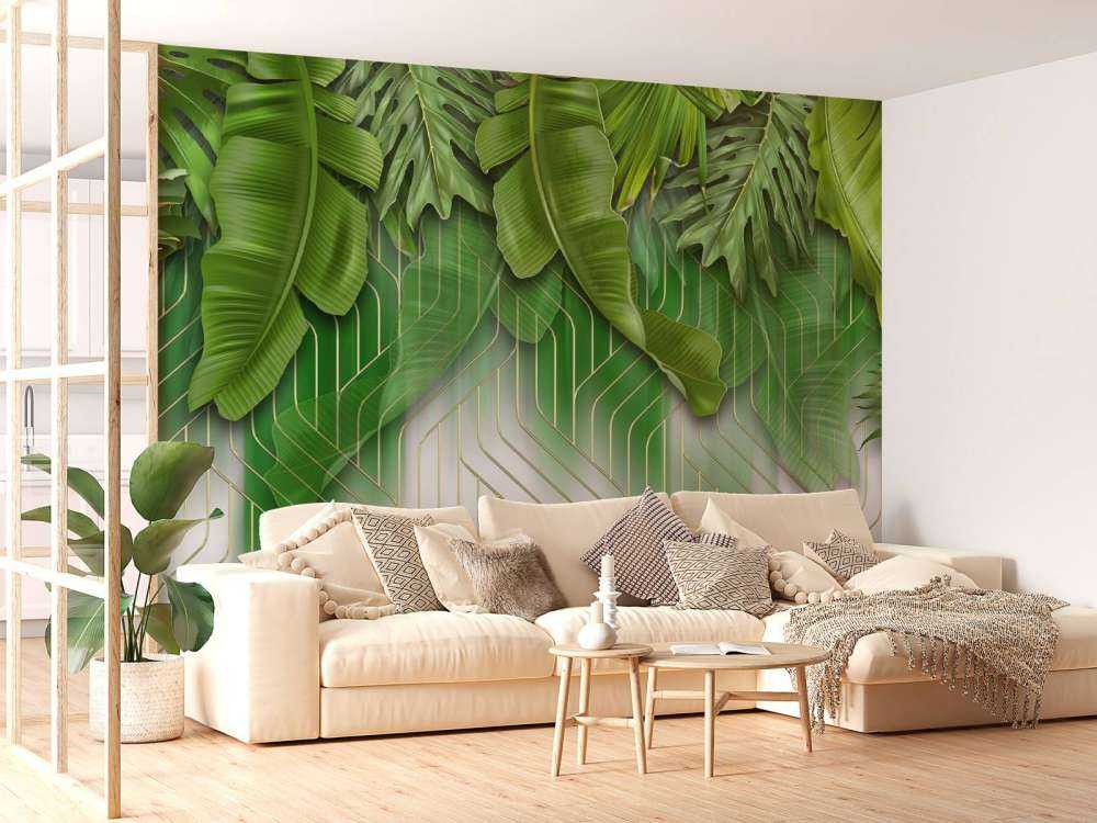 Effet de lignes dorées avec des feuilles vertes