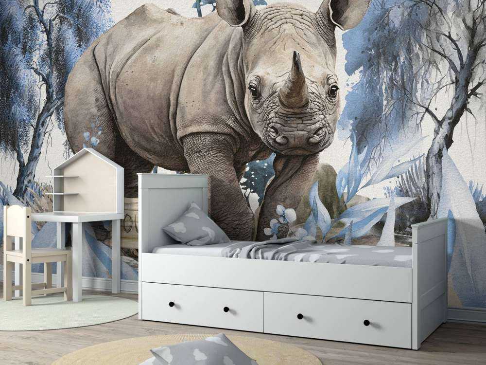 Bébé rhino dans la savane bleu
