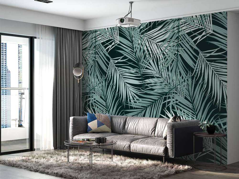 Feuilles tropicales bleu canard sur fond noir