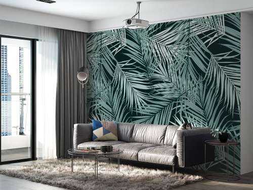 Feuilles tropicales bleu canard sur fond noir