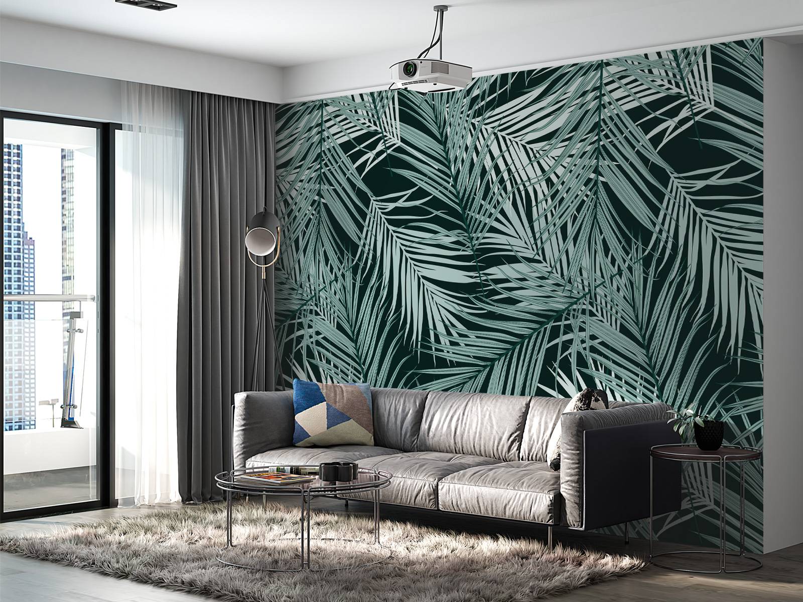 Feuilles tropicales bleu canard sur fond noir