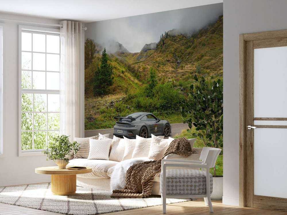 Voiture de sport dans le brouillard de montagne