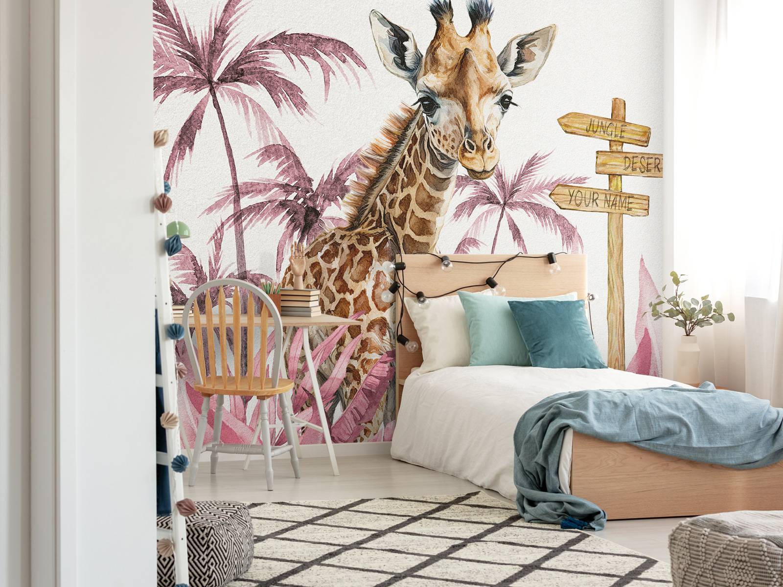 Bébé girafe dans la jungle rose