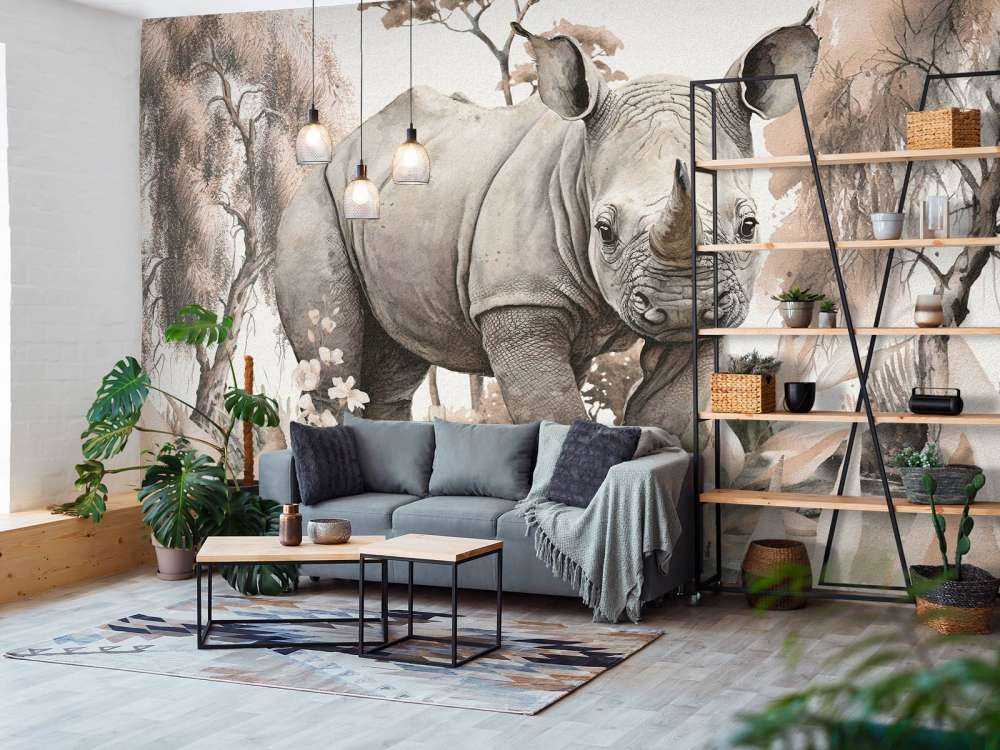 Bébé rhino dans la savane taupe