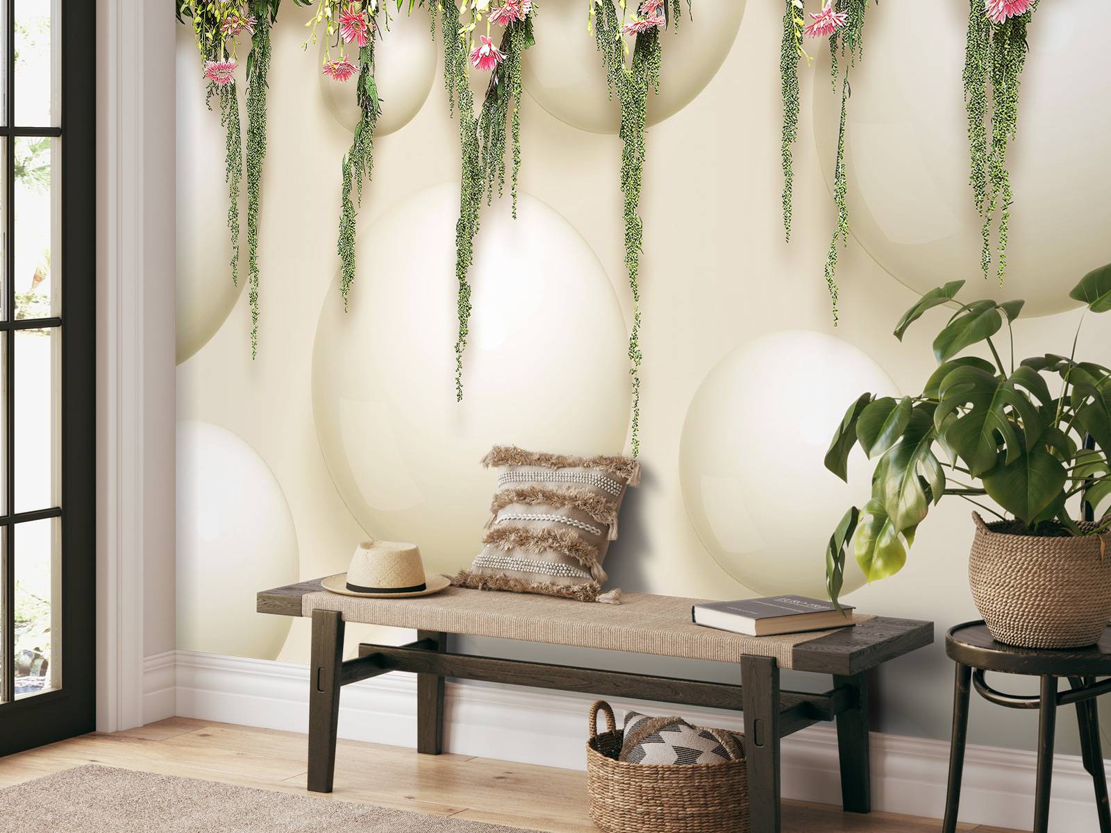 Fleurs roses suspendues sur un mur en 3D