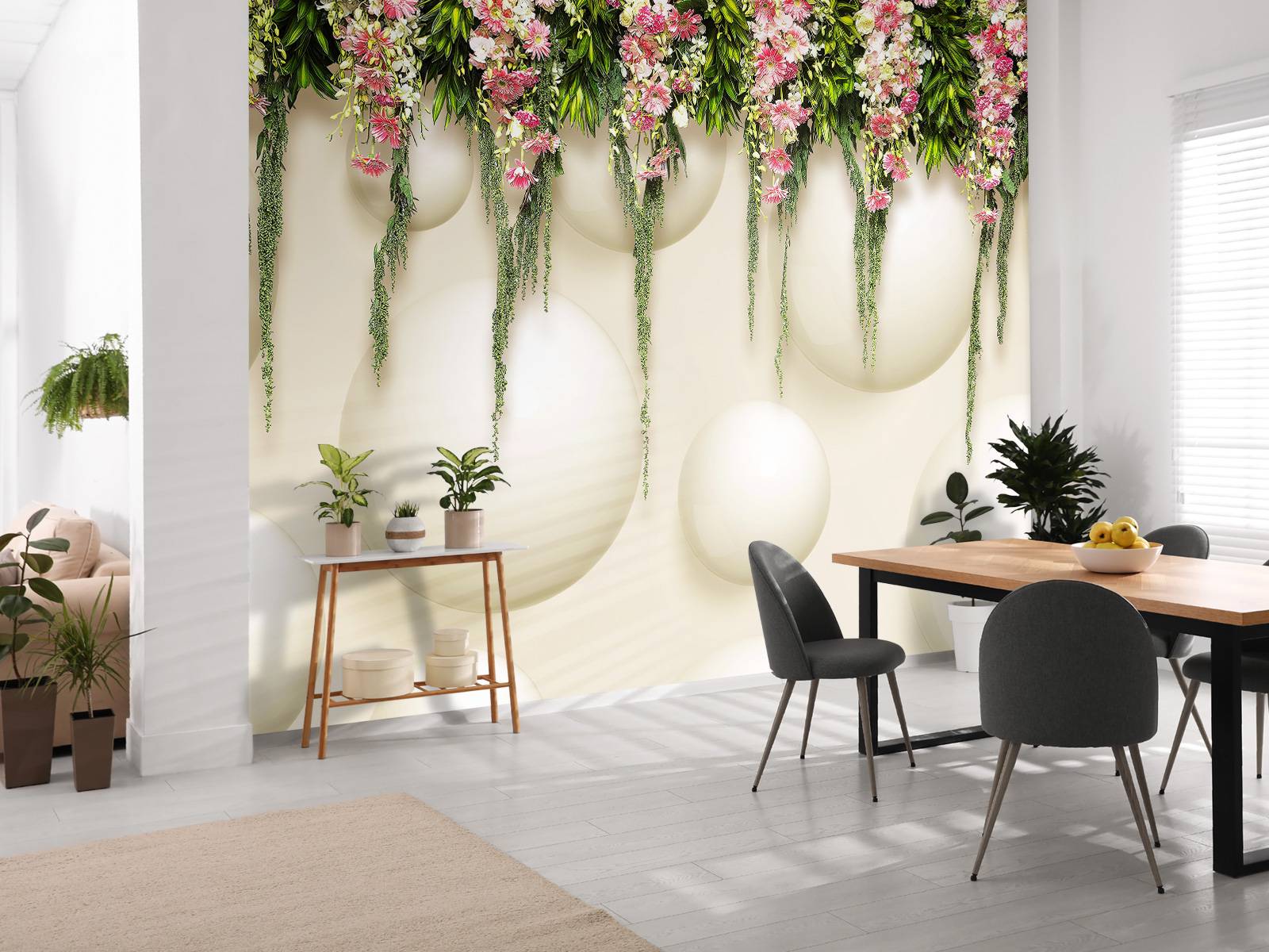 Fleurs roses suspendues sur un mur en 3D
