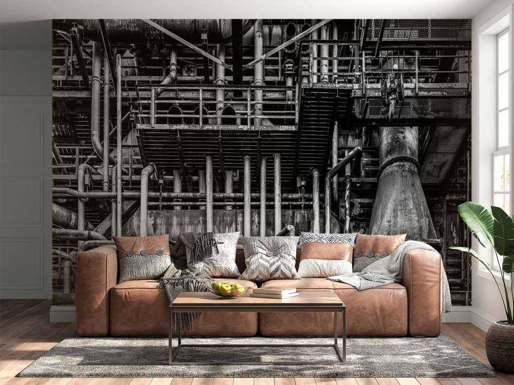 Ancienne usine industrielle en noir et blanc