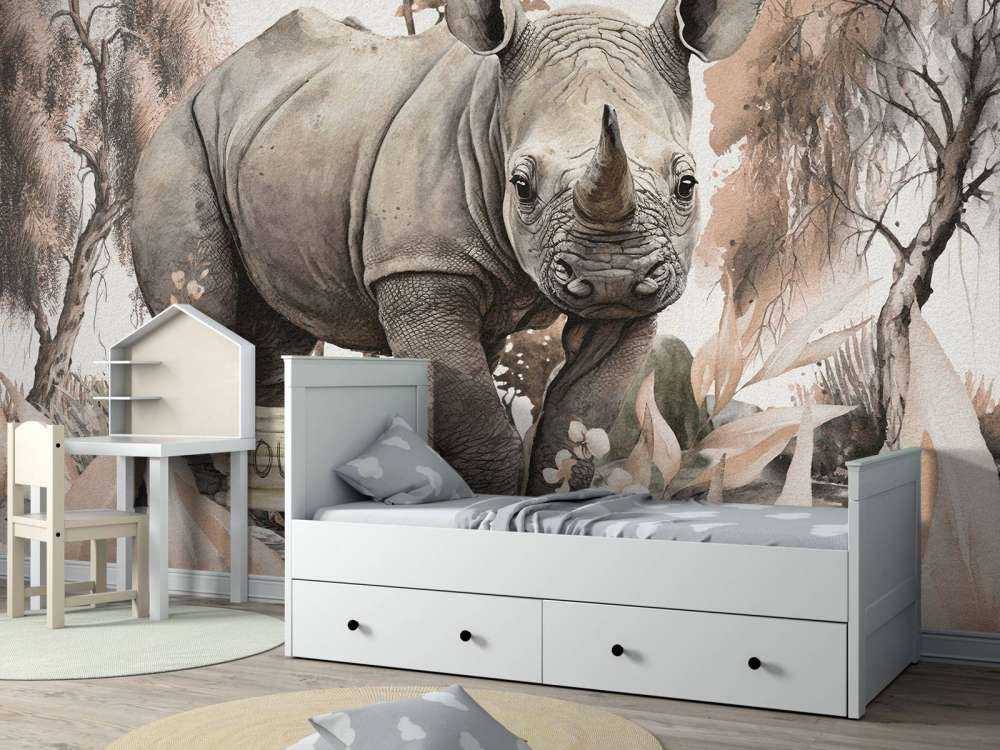 Bébé rhino dans la savane taupe