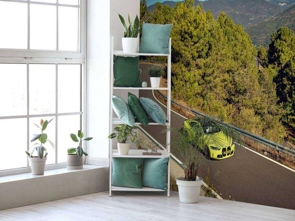 BMW vert lime sur route de montagne
