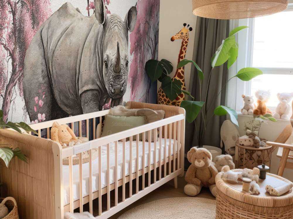 Bébé rhino dans la savane rose